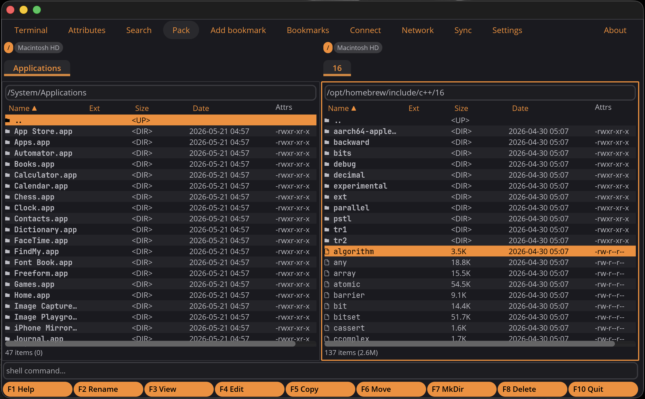 Two Panels app showing a local Applications folder on the left and an FTP connection on the right, both in a dark dual-pane interface with an orange accent